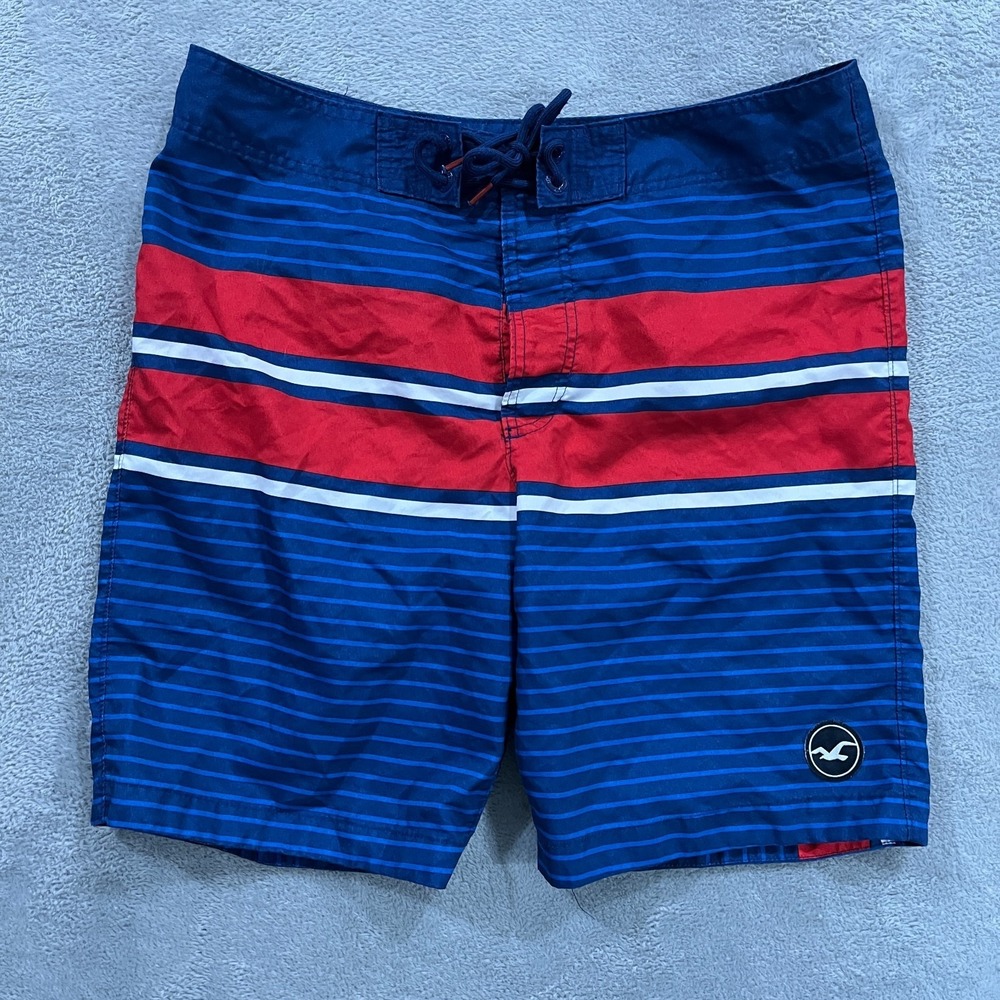 Hollister Swim Trunks Board Shorts Men 34 Blue Red Striped Water Polo Drawstring